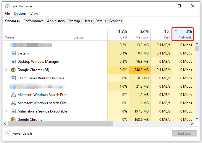 hit Network to check the network usage of each process in Task Manager