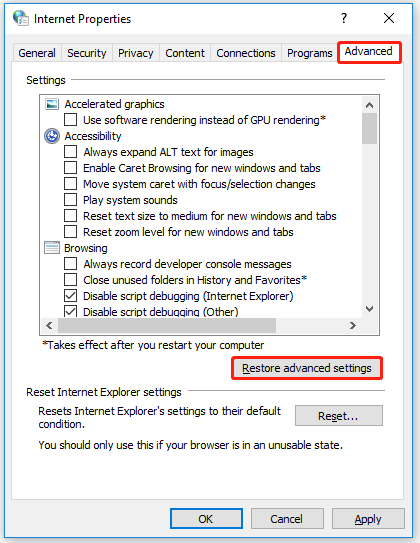 click on Restore advanced settings