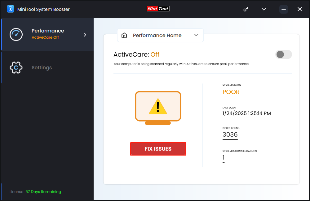 hit FIX ISSUES to solve all the detected problems at once in MiniTool System Booster