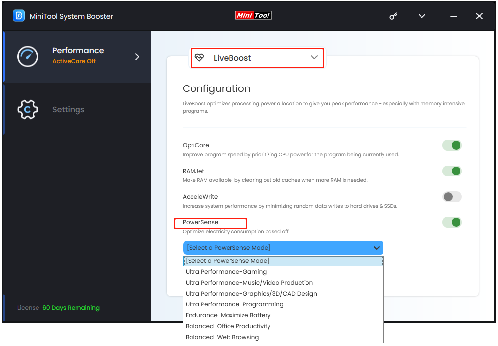 choose a suitable power mode as per your current task in MiniTool System Booster