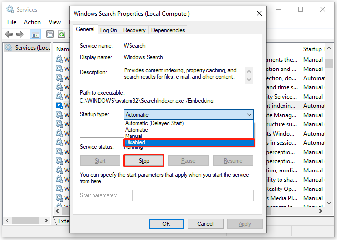 disable Windows Search services