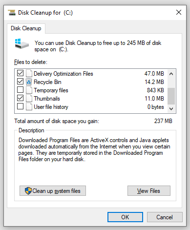 check the files you want to delete in Disk Cleanup