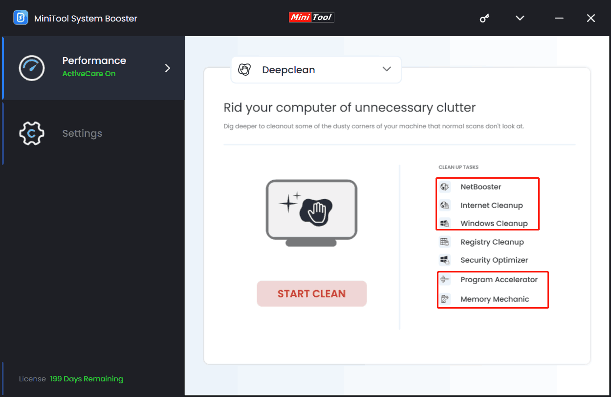 MiniTool System Booster deepclean feature