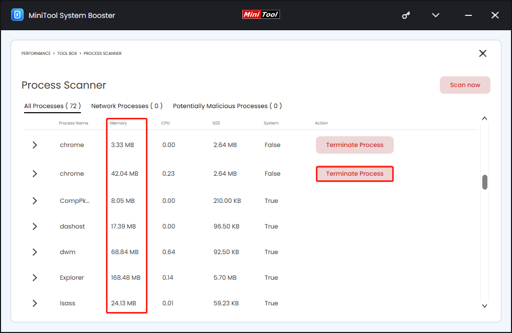 check the memory usage of your computer and terminate memory-hogging processes with Process Scanner