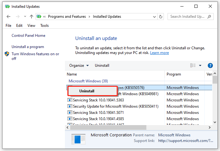 right-click on the recently installed update and select Uninstall