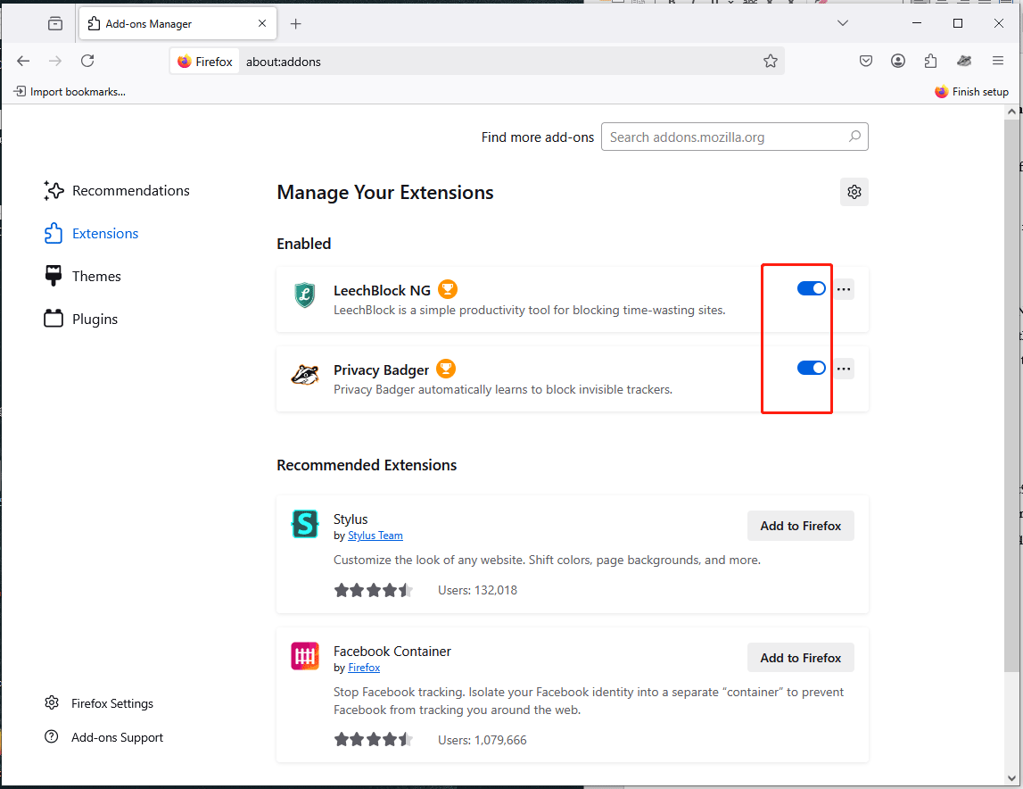 toggle off the enabled extensions