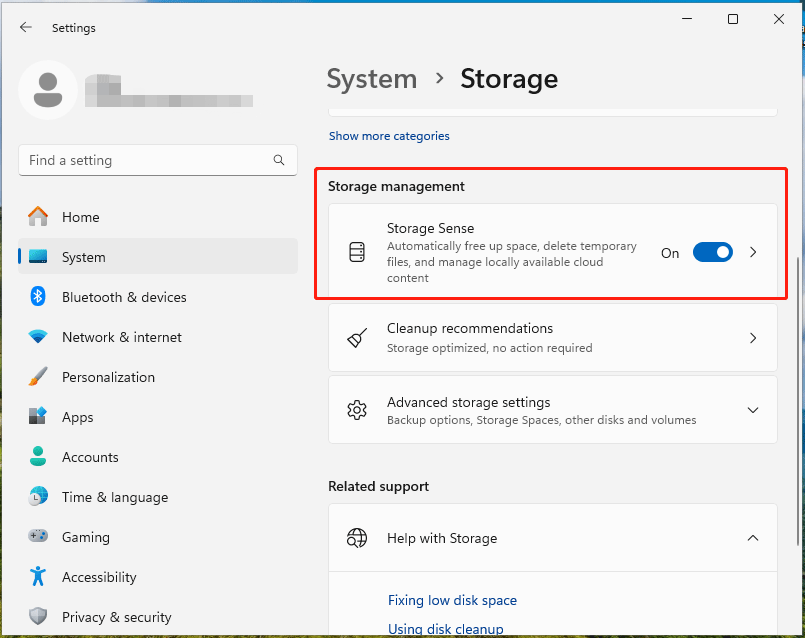 toggle on Storage Sense