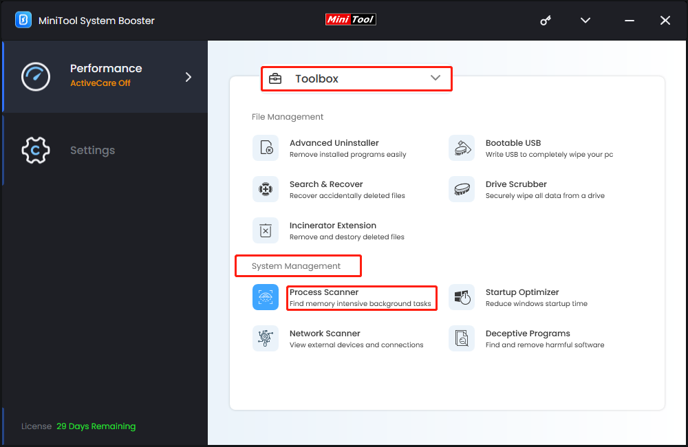 tap on Process Scanner in the Toolbox page