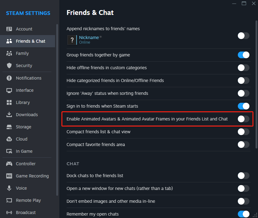 toggle off Enable Animated Avatars & Animated Frames in your Friends List and Chat