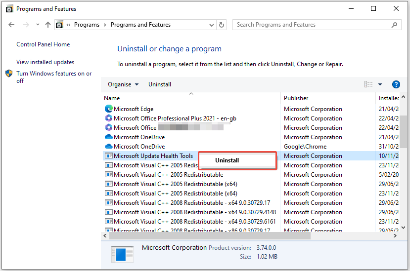 uninstall Microsoft Update Health Tools via Control Panel