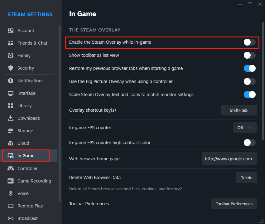 toggle off Enable the Steam Overlay while in-game