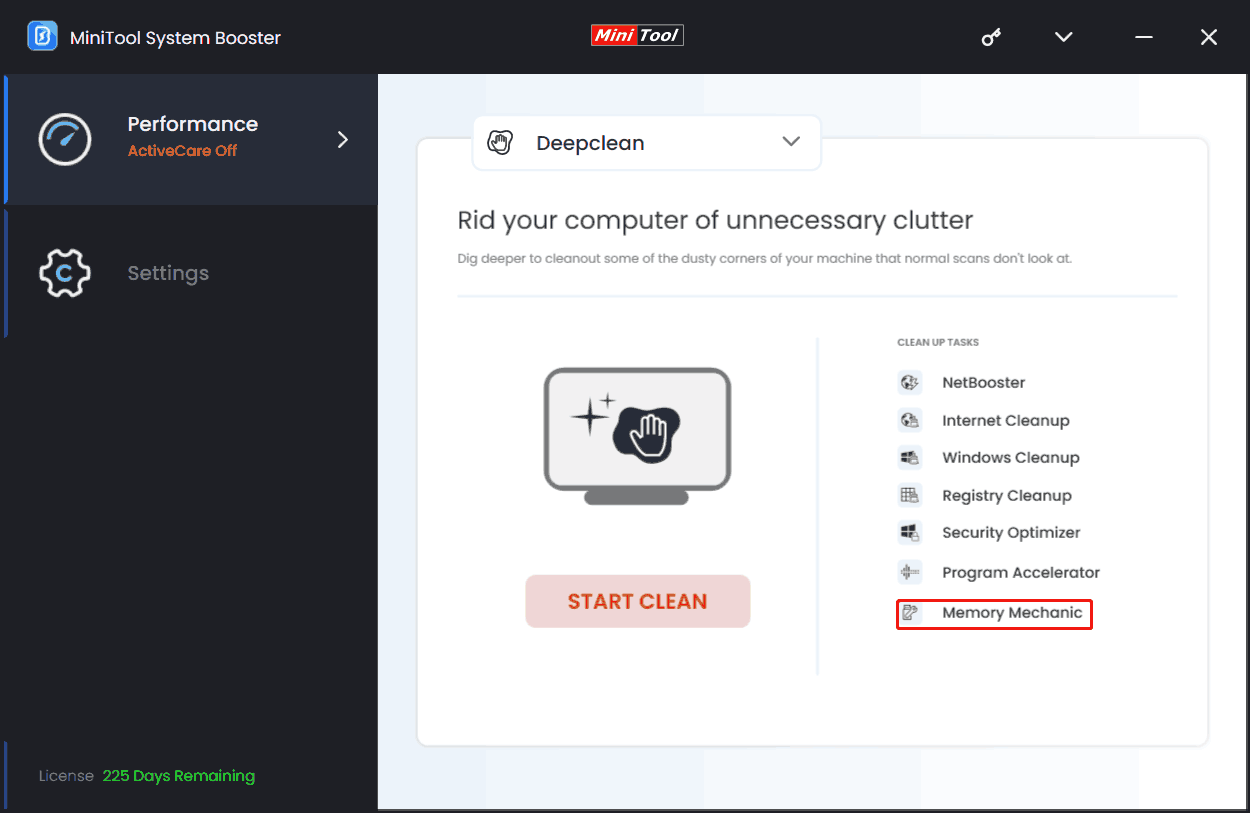 MiniTool System Booster deepclean page