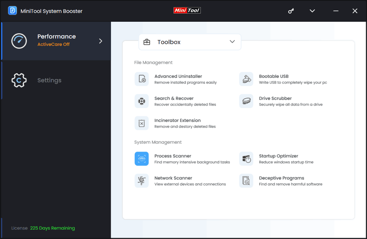 Toolbox page in MiniTool System Booster