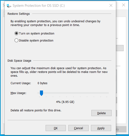 reduce disk space usage for System Restore