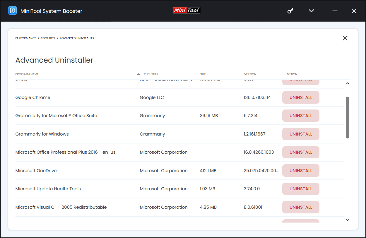 Advanced Uninstaller in MiniTool System Booster