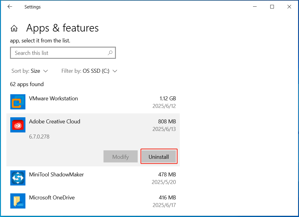 uninstall apps under Apps & features