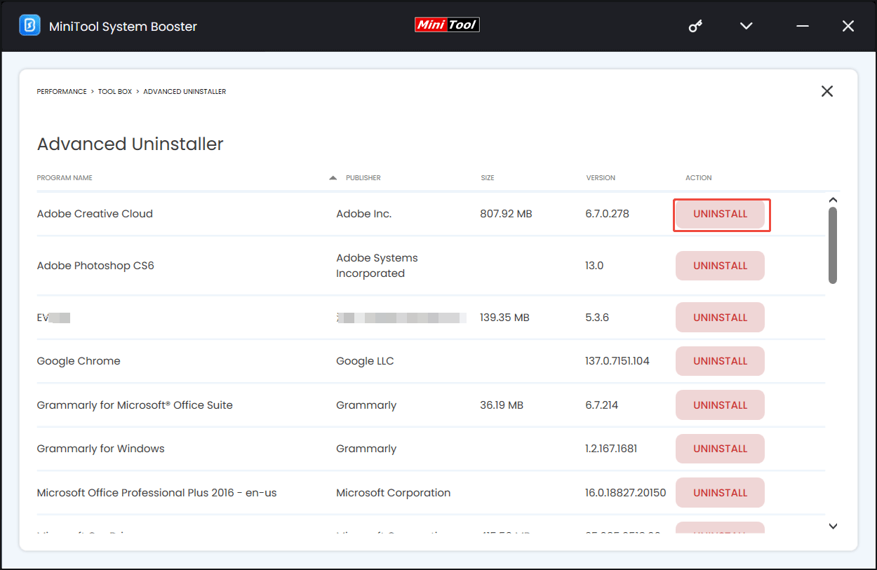 uninstall applications with MiniTool System Booster