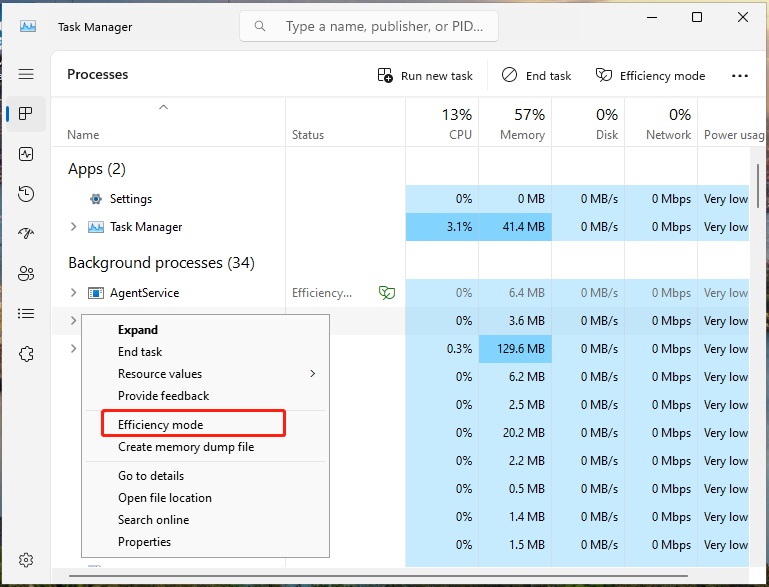 select Efficiency mode from the context menu
