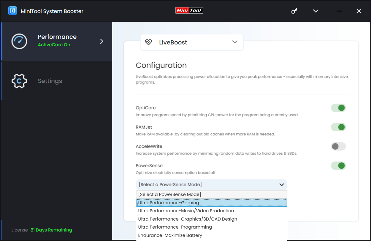 MiniTool System Booster LiveBoost page