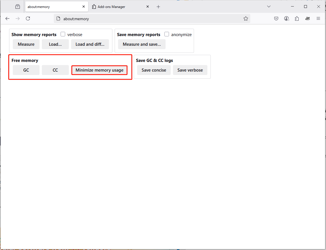 hit Minimize memory usage in the Free memory box