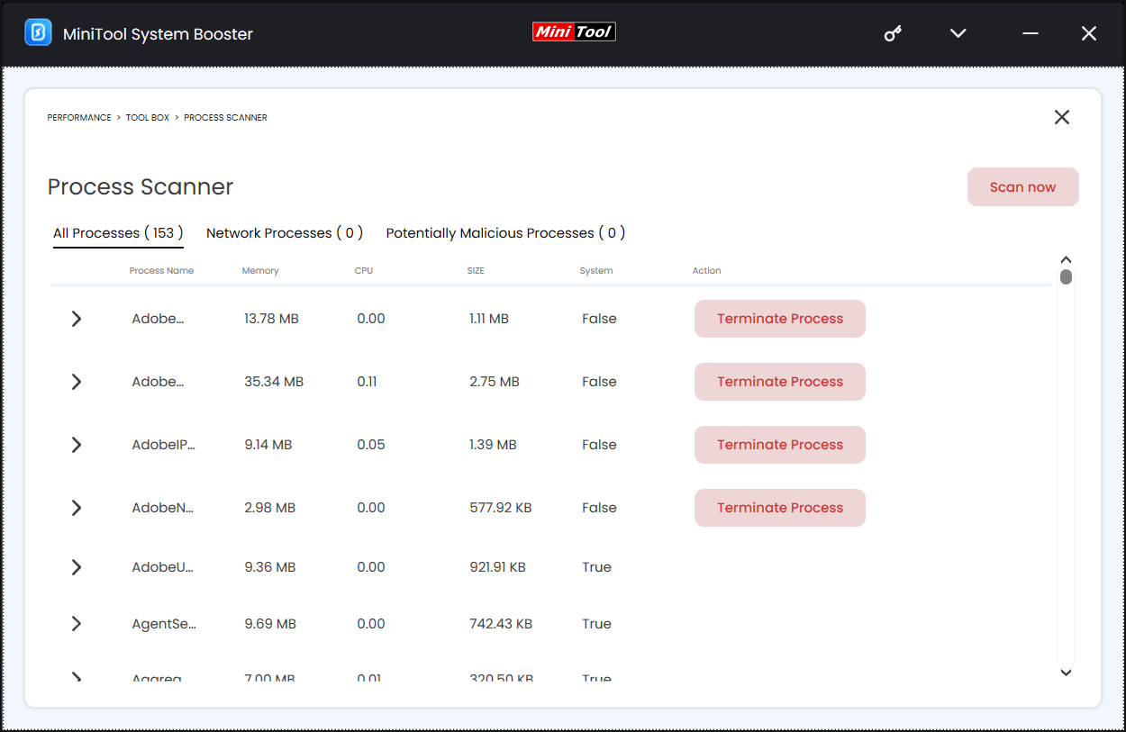 process scanner in MiniTool System Booster