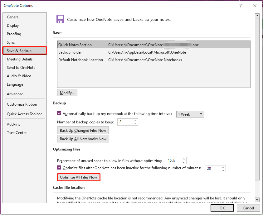 click Optimize All Files Now in OneNote Options