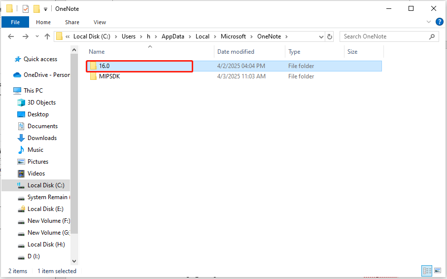 find the OneNote version folder