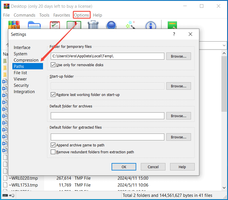 WinRAR settings page to change a path