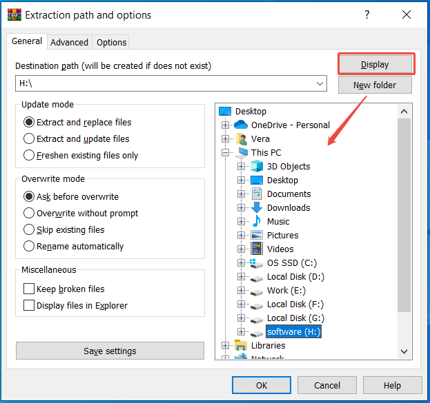 extract files to another drive in WinRAR
