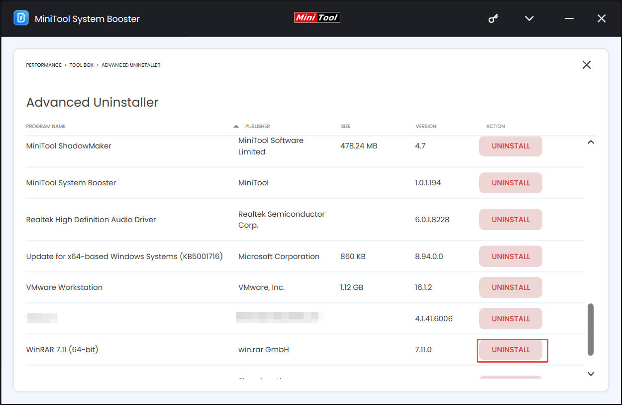 Advanced Uninstaller in MiniTool System Booster