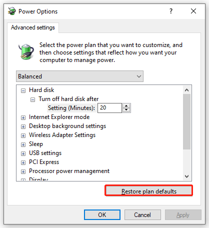 restore plan defaults of power options