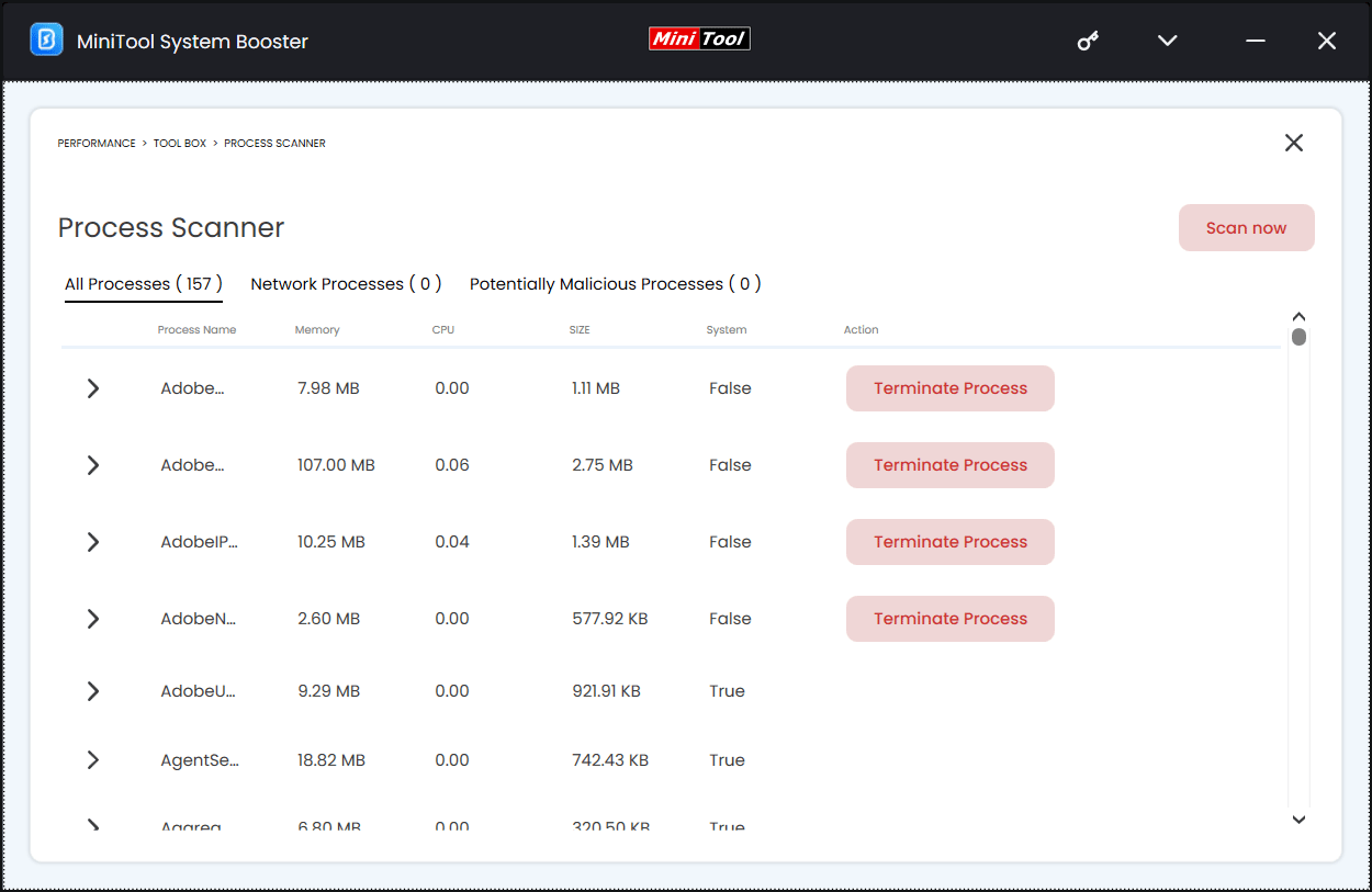 process scanner in MiniTool System Booster
