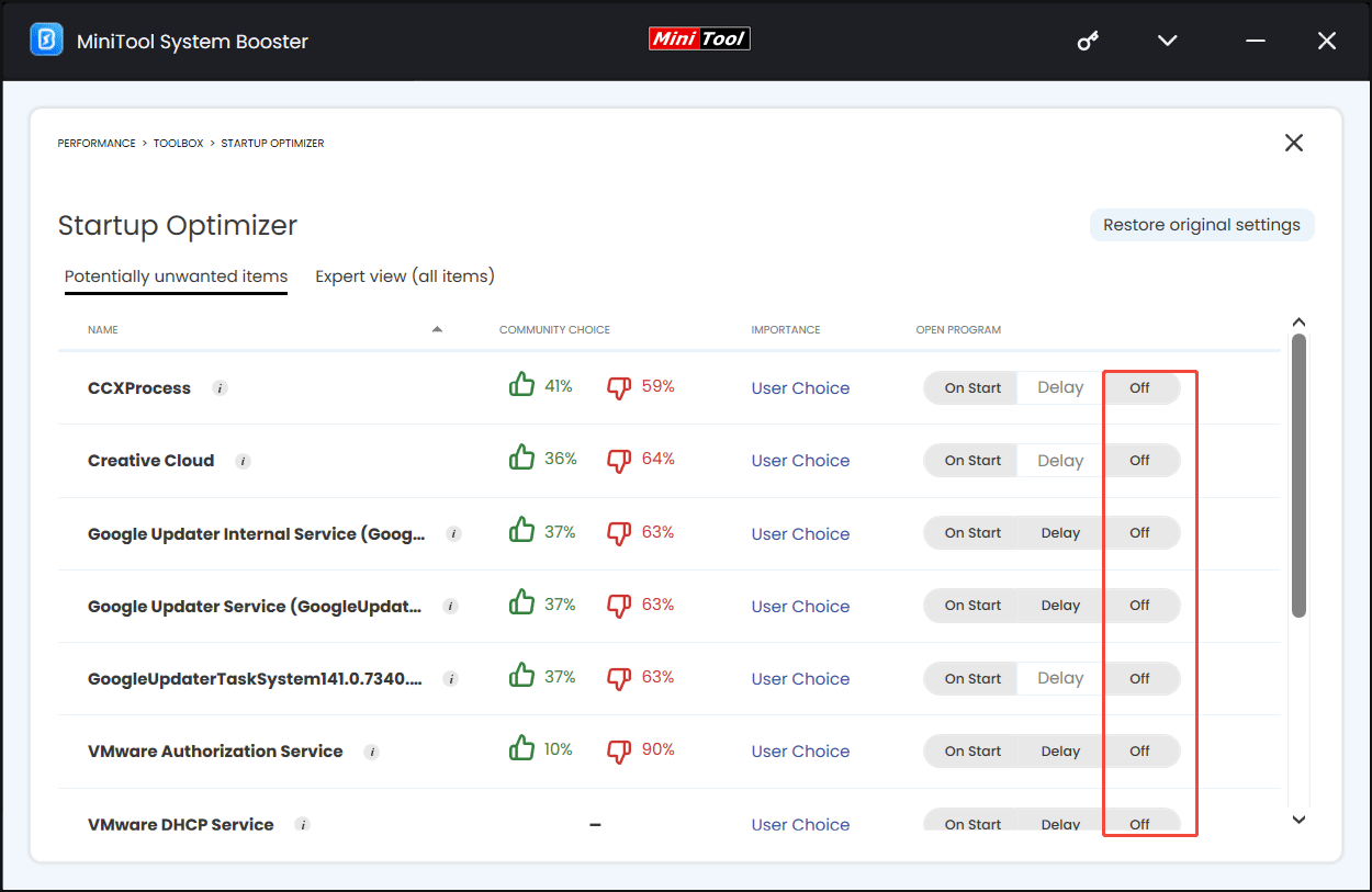 disable startup programs in MiniTool System Booster