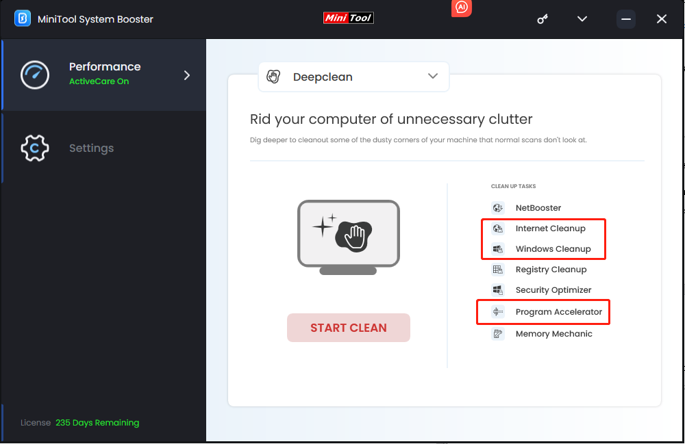 run Internet Cleanup, Windows Cleanup, and Program Accelerator