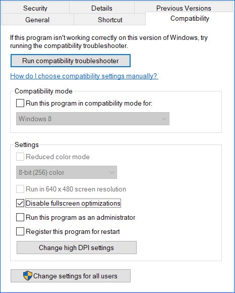 disable full screen optimizations
