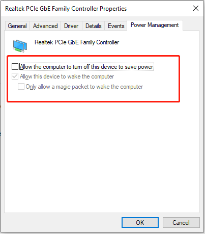 uncheck Allow the computer to turn off this device to save power