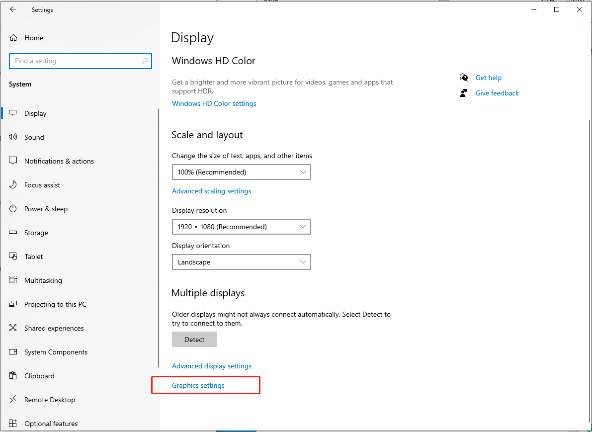 choose Graphics settings under Multiple displays