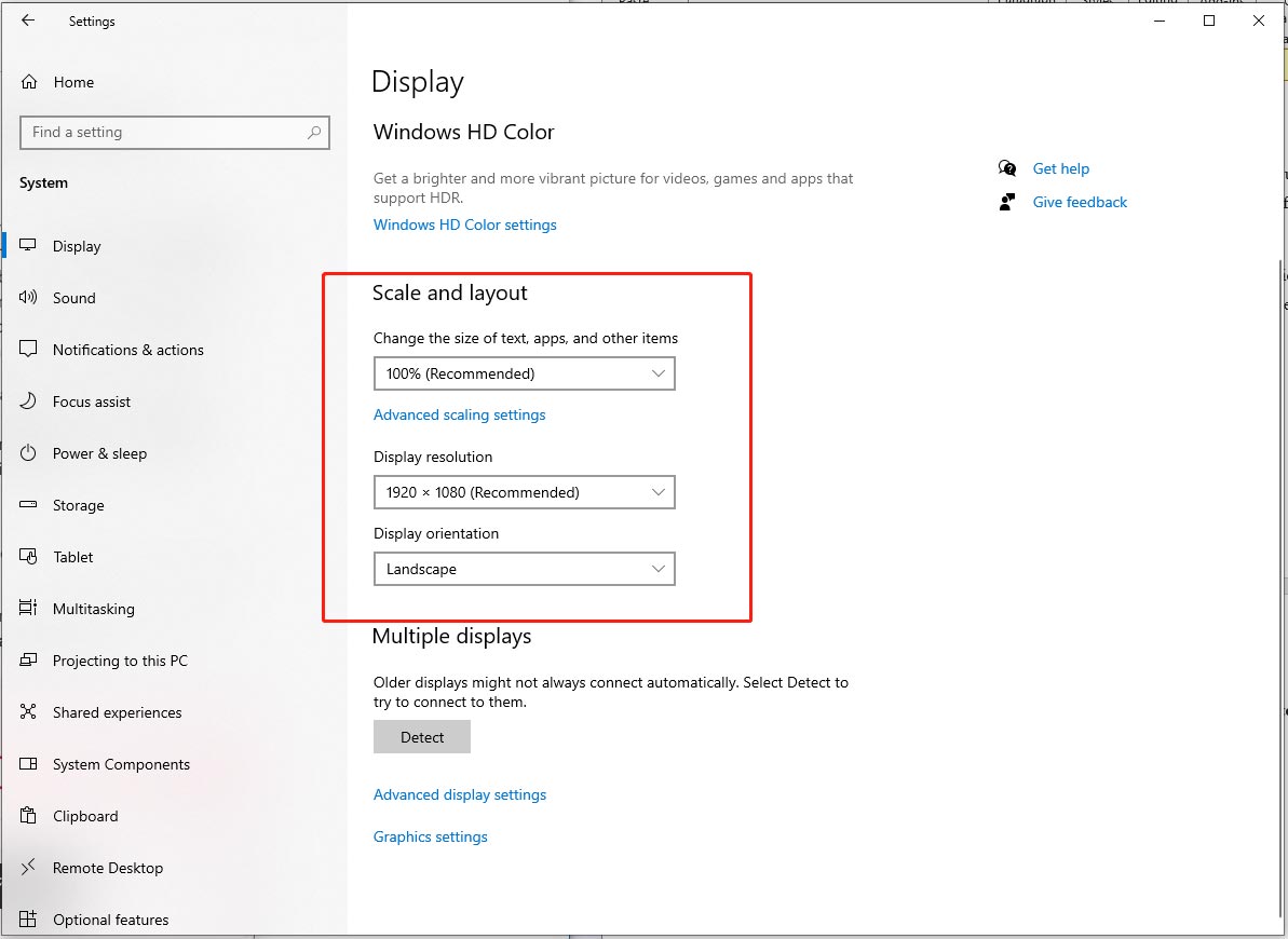 modify screen scaling and resolution in Settings