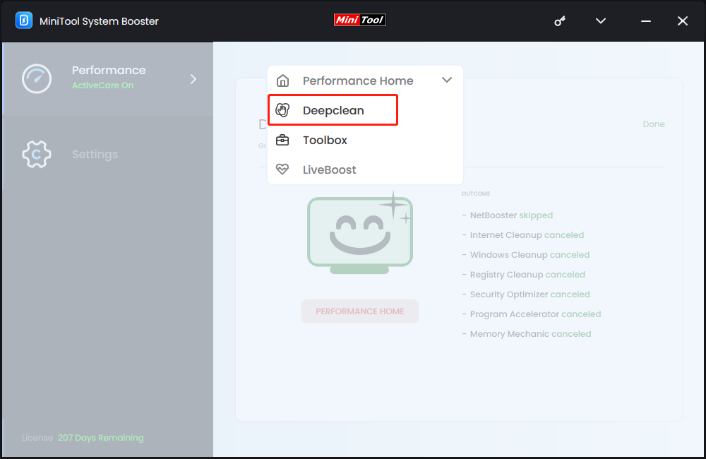 select Deepclean from the drop-down menu