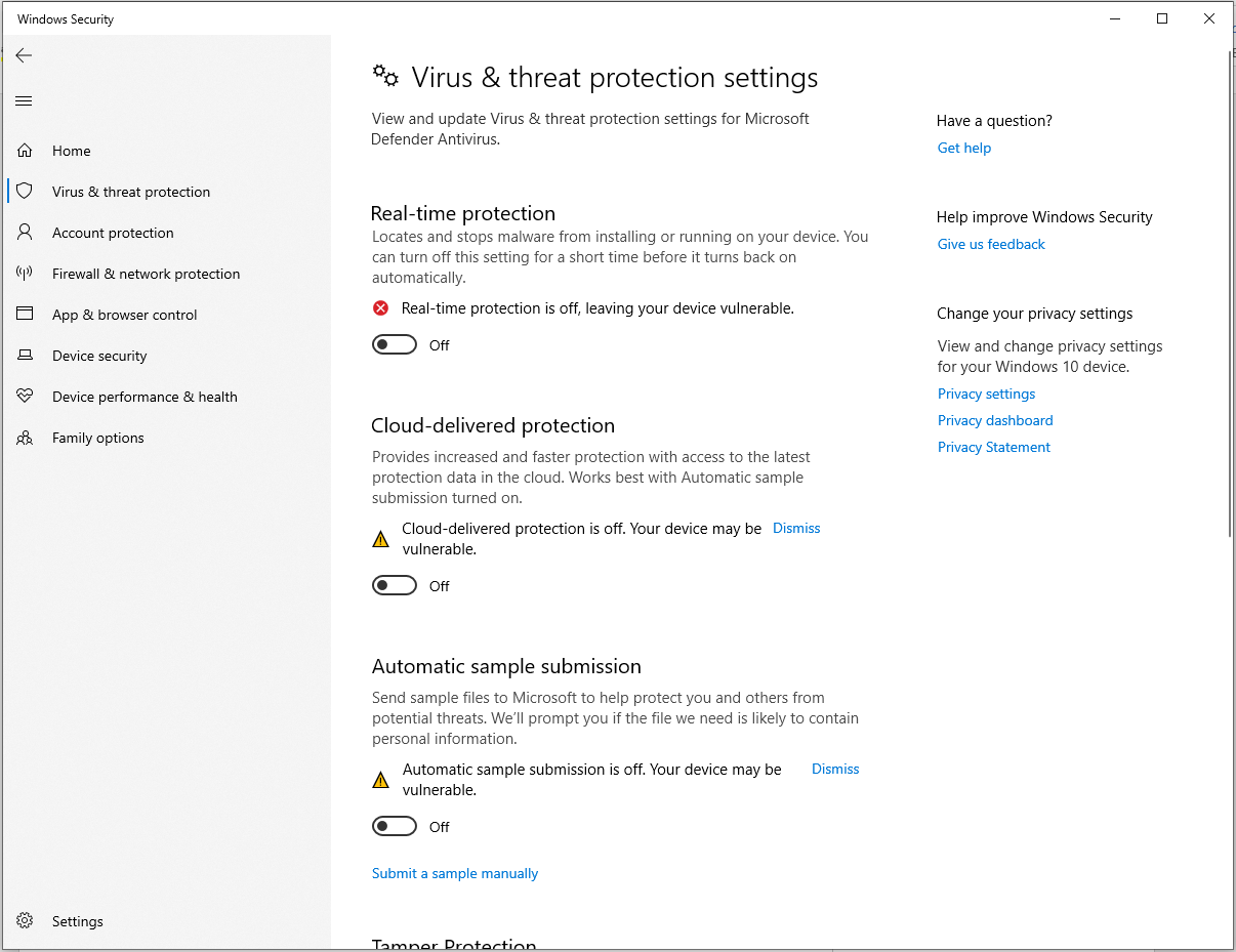 turn off Virus & threat protection settings