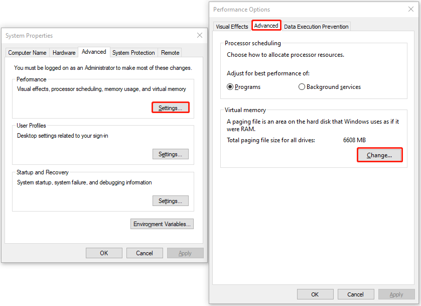 steps for opening the Virtual Memory window