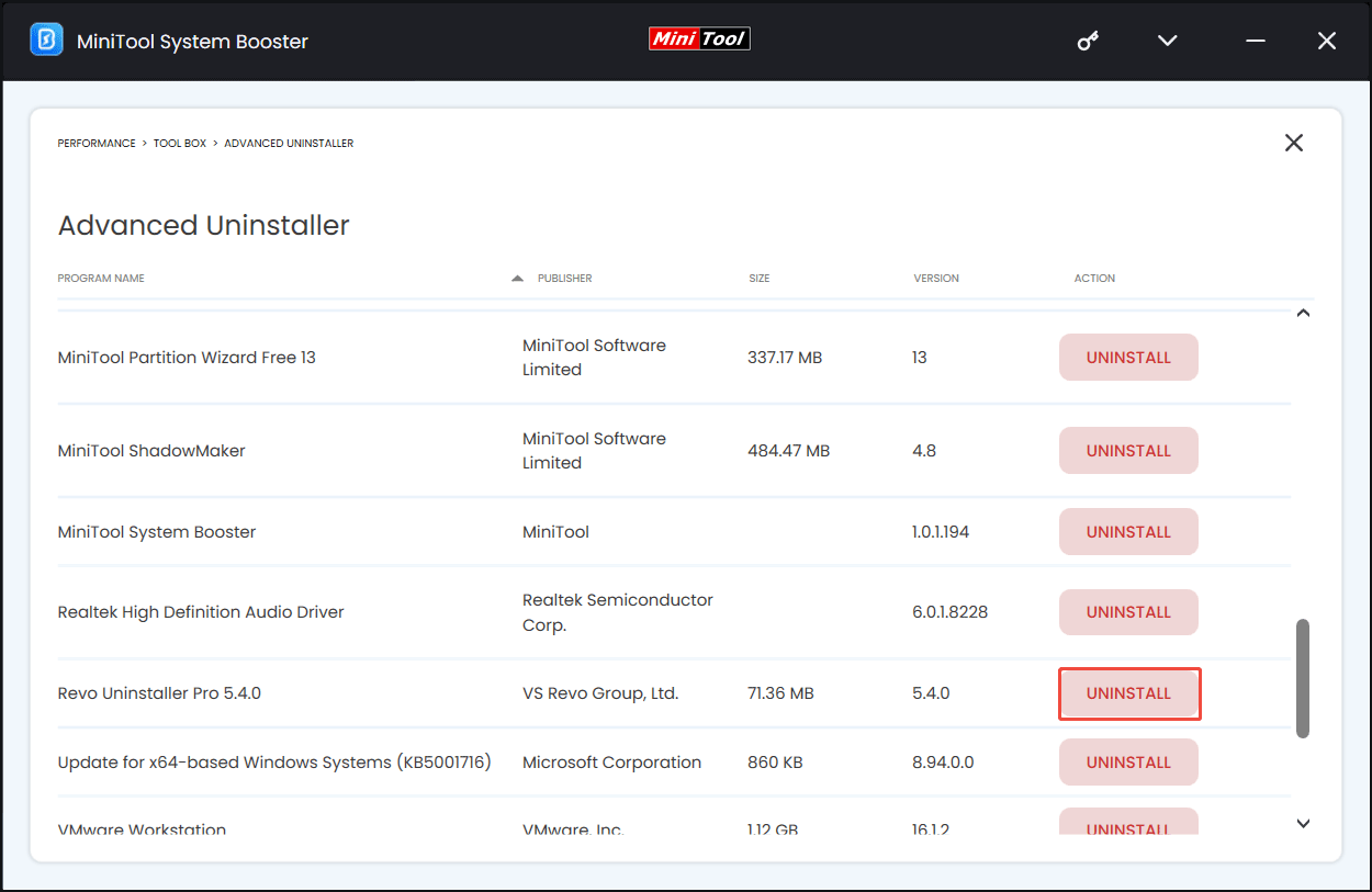 uninstall programs in MiniTool System Booster