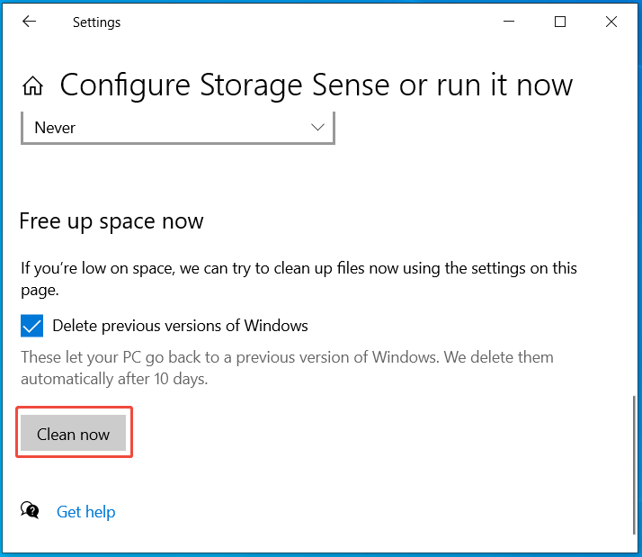 free up space now in Storage Sense