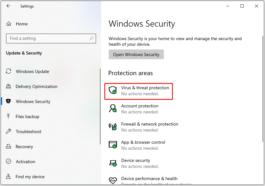 click Virus & threat protection in Windows Security page