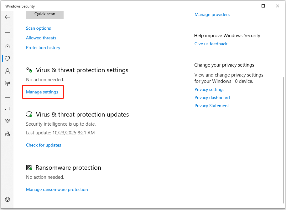 click Manage settings under the Virus & threat protection settings