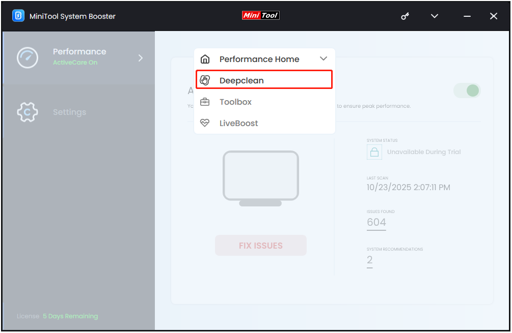 select Deepclean in MiniTool System Booster