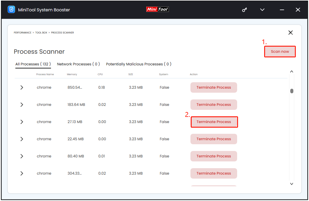 run Process Scanner to end unnecessary processes in MiniTool System Booster