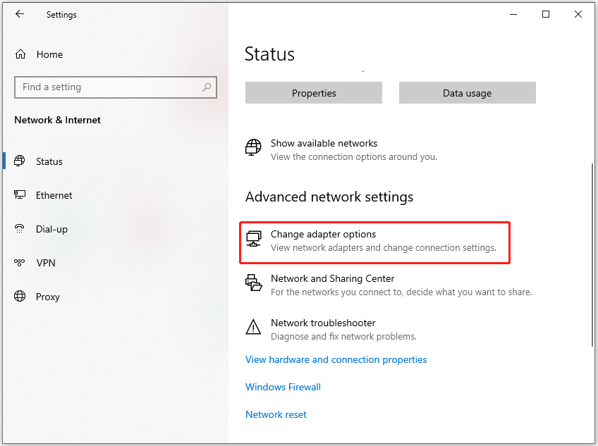 click Change adapter options in the Status Setting window