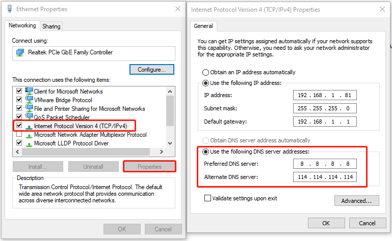 change the DNS settings