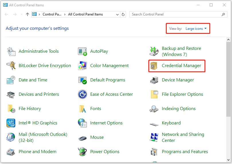 Set View by as Large icons and select Credential Manager